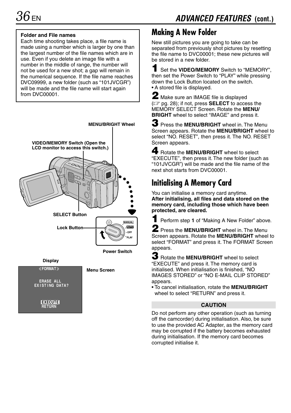 Advanced features, Making a new folder | JVC GR-DVL365 User Manual | Page 36 / 88