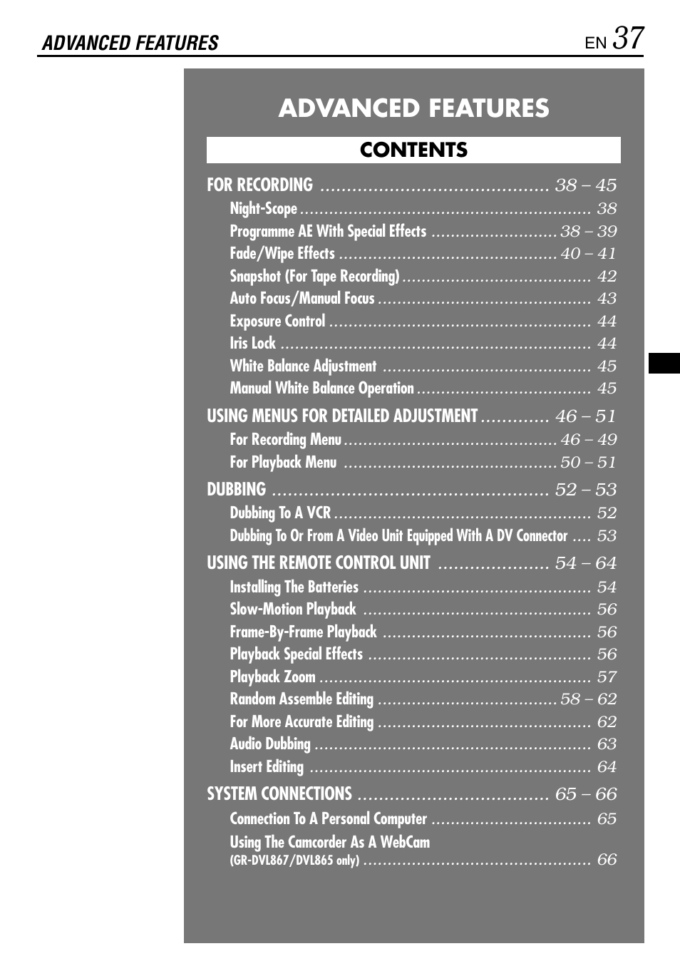 Advanced features | JVC GR-DVL365 User Manual | Page 37 / 88