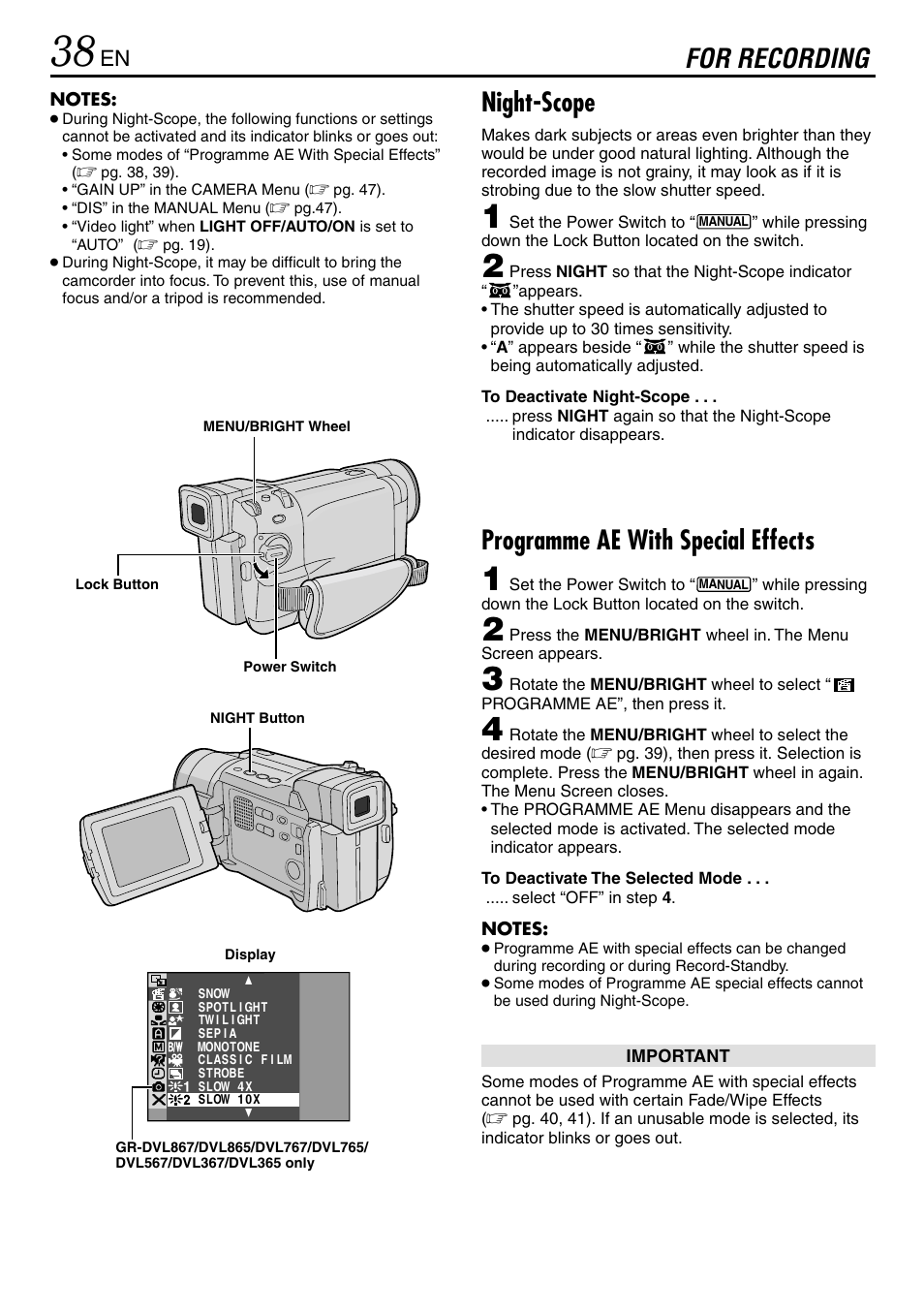 For recording, Programme ae with special effects, Night-scope | JVC GR-DVL365 User Manual | Page 38 / 88