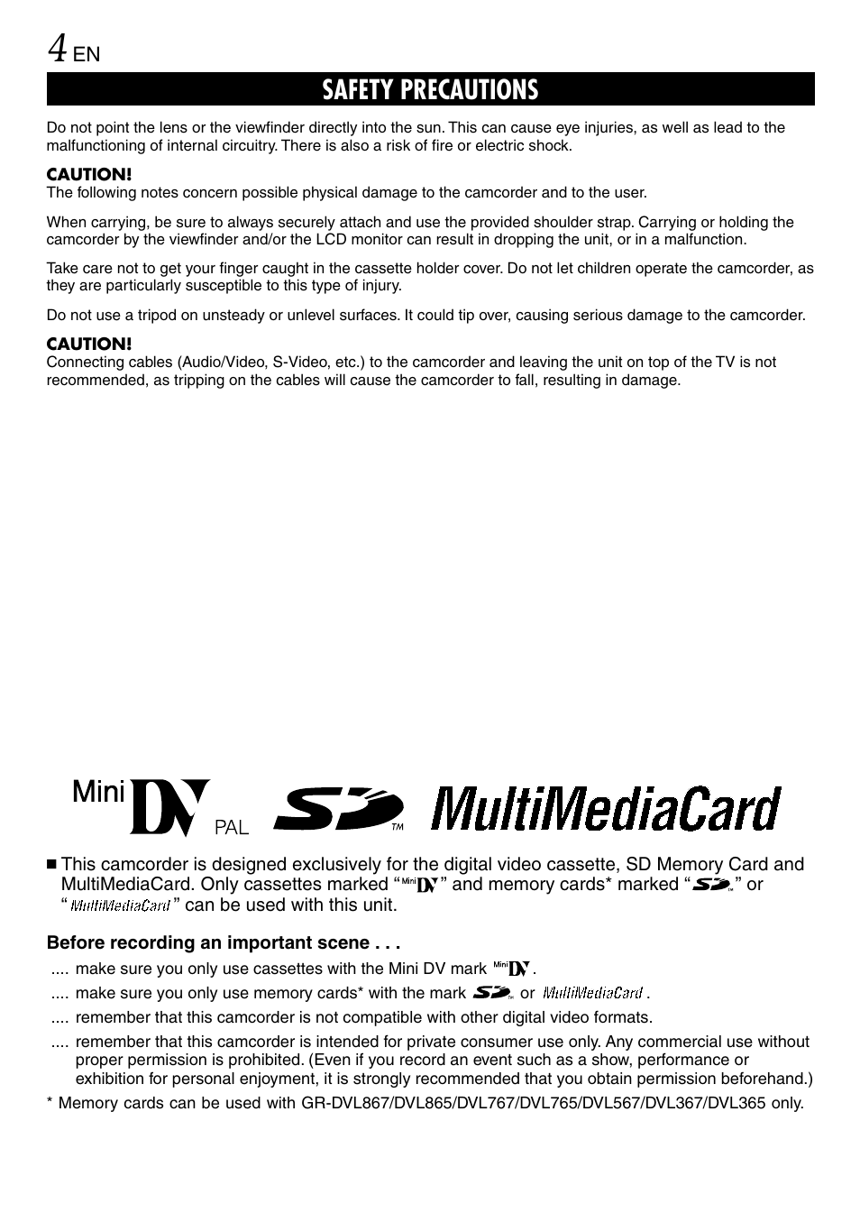 Safety precautions | JVC GR-DVL365 User Manual | Page 4 / 88