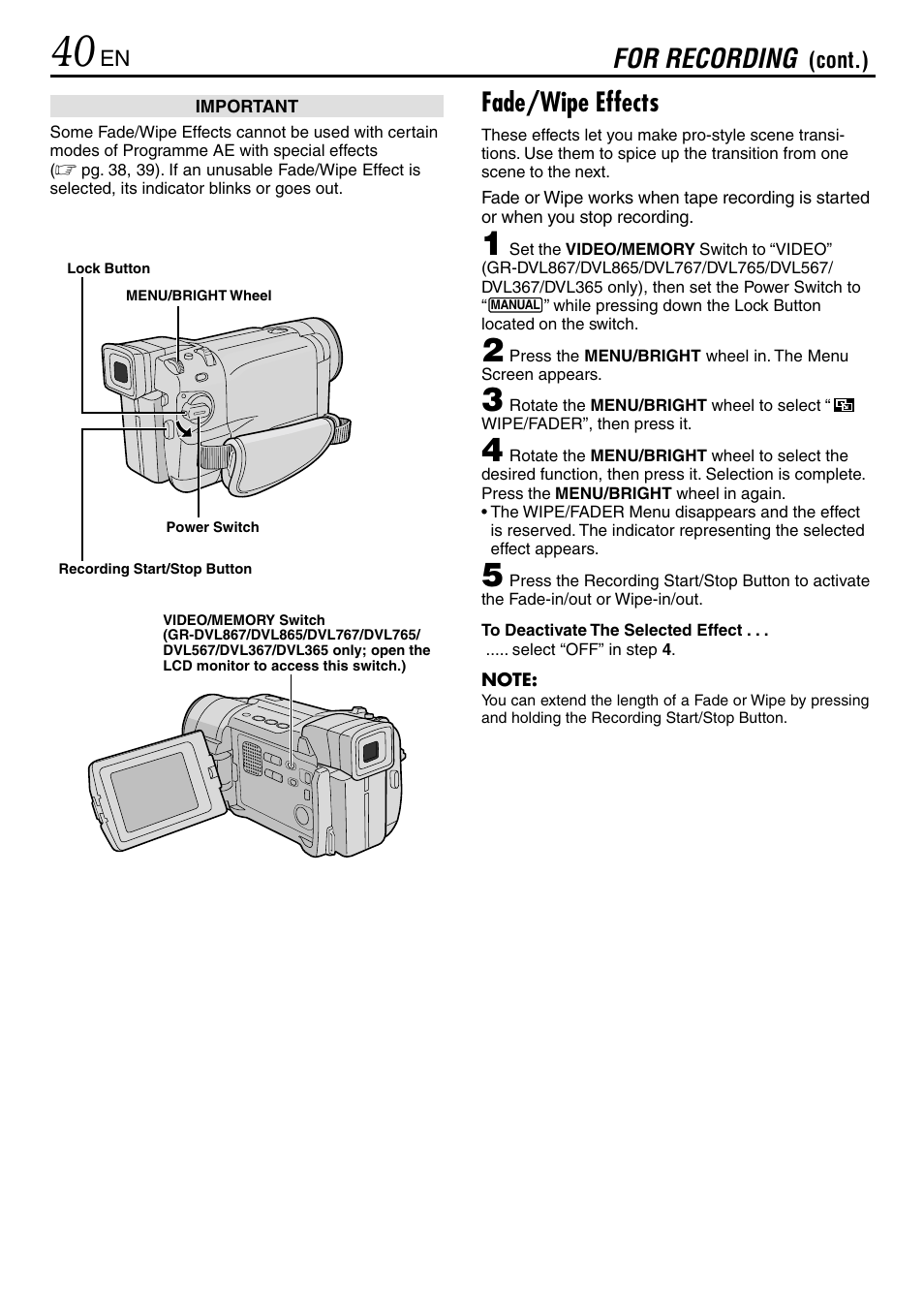 Fade/wipe effects, For recording | JVC GR-DVL365 User Manual | Page 40 / 88