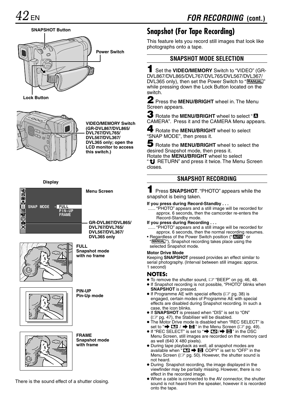 Snapshot (for tape recording), For recording, Cont.) | JVC GR-DVL365 User Manual | Page 42 / 88