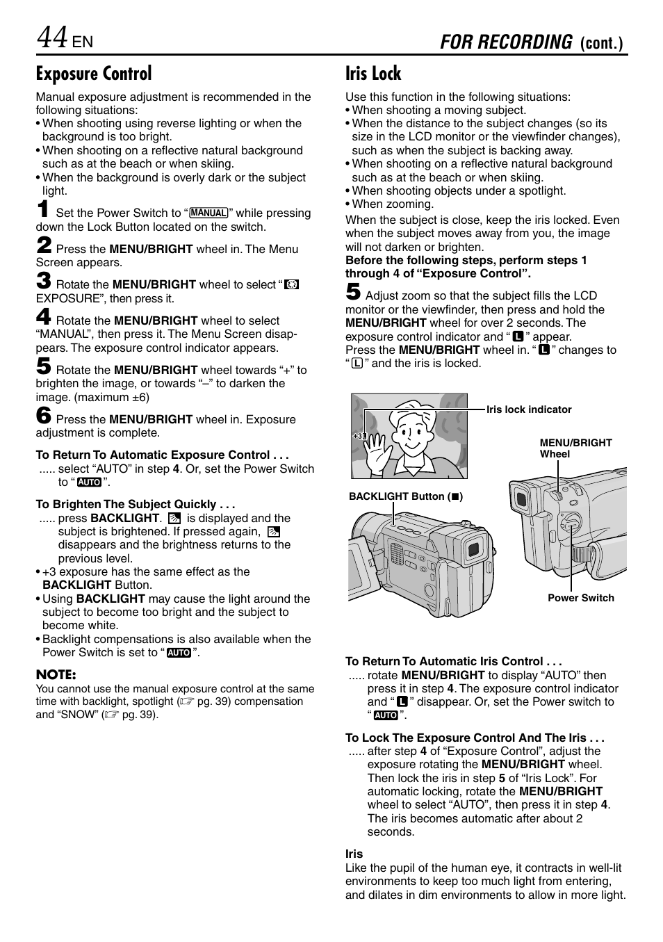 Exposure control, Iris lock, For recording | JVC GR-DVL365 User Manual | Page 44 / 88