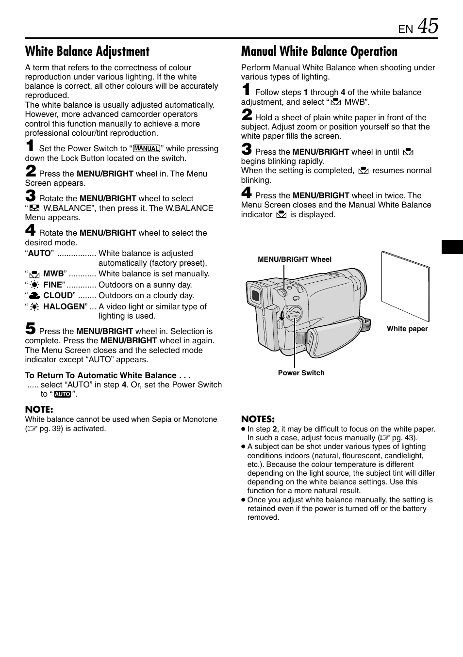 White balance adjustment, Manual white balance operation | JVC GR-DVL365 User Manual | Page 45 / 88