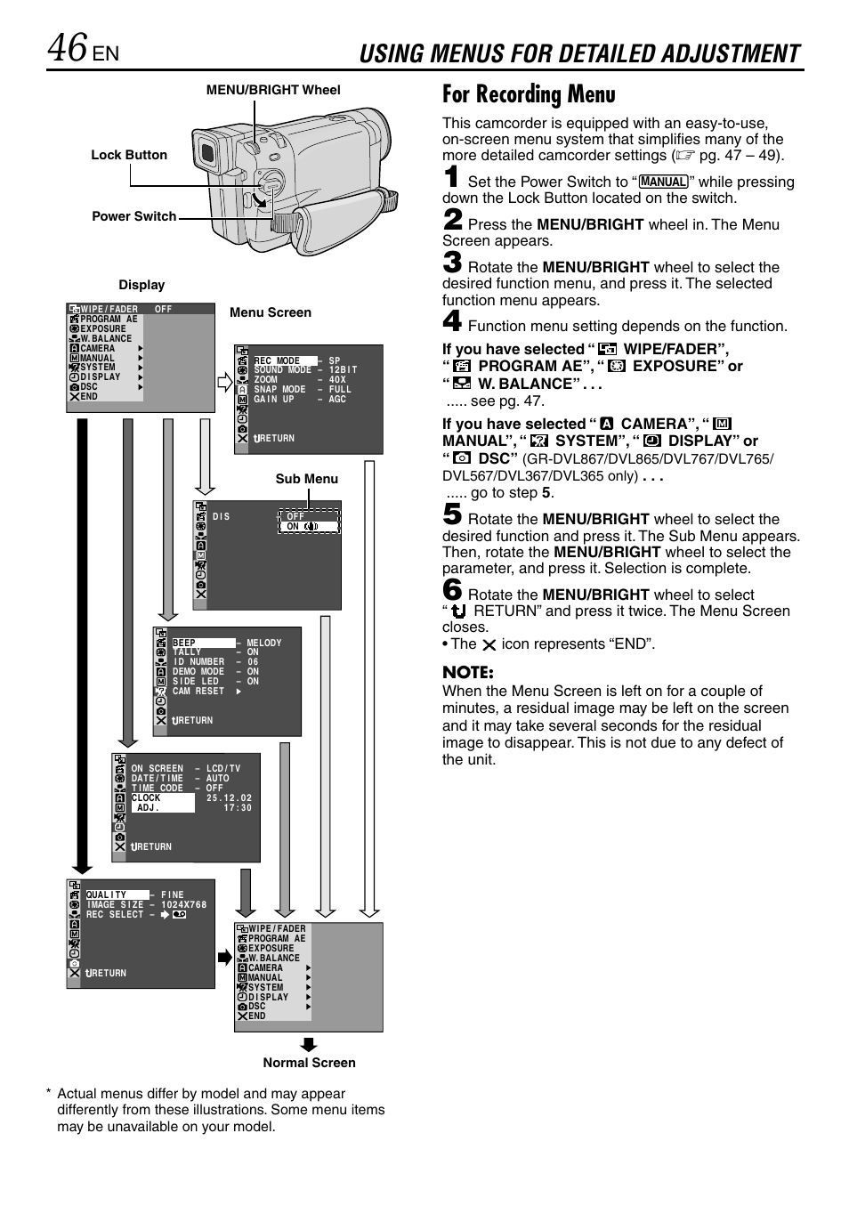 Using menus for detailed adjustment, For recording menu, Pg. 47 – 49) | Set the power switch to, Go to step 5 | JVC GR-DVL365 User Manual | Page 46 / 88