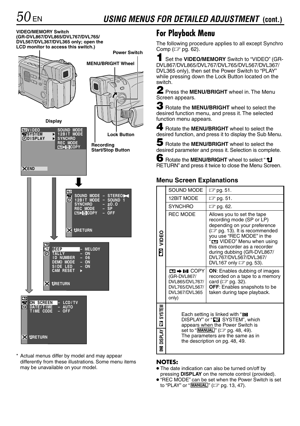 For playback menu, Using menus for detailed adjustment, Cont.) | Menu screen explanations | JVC GR-DVL365 User Manual | Page 50 / 88