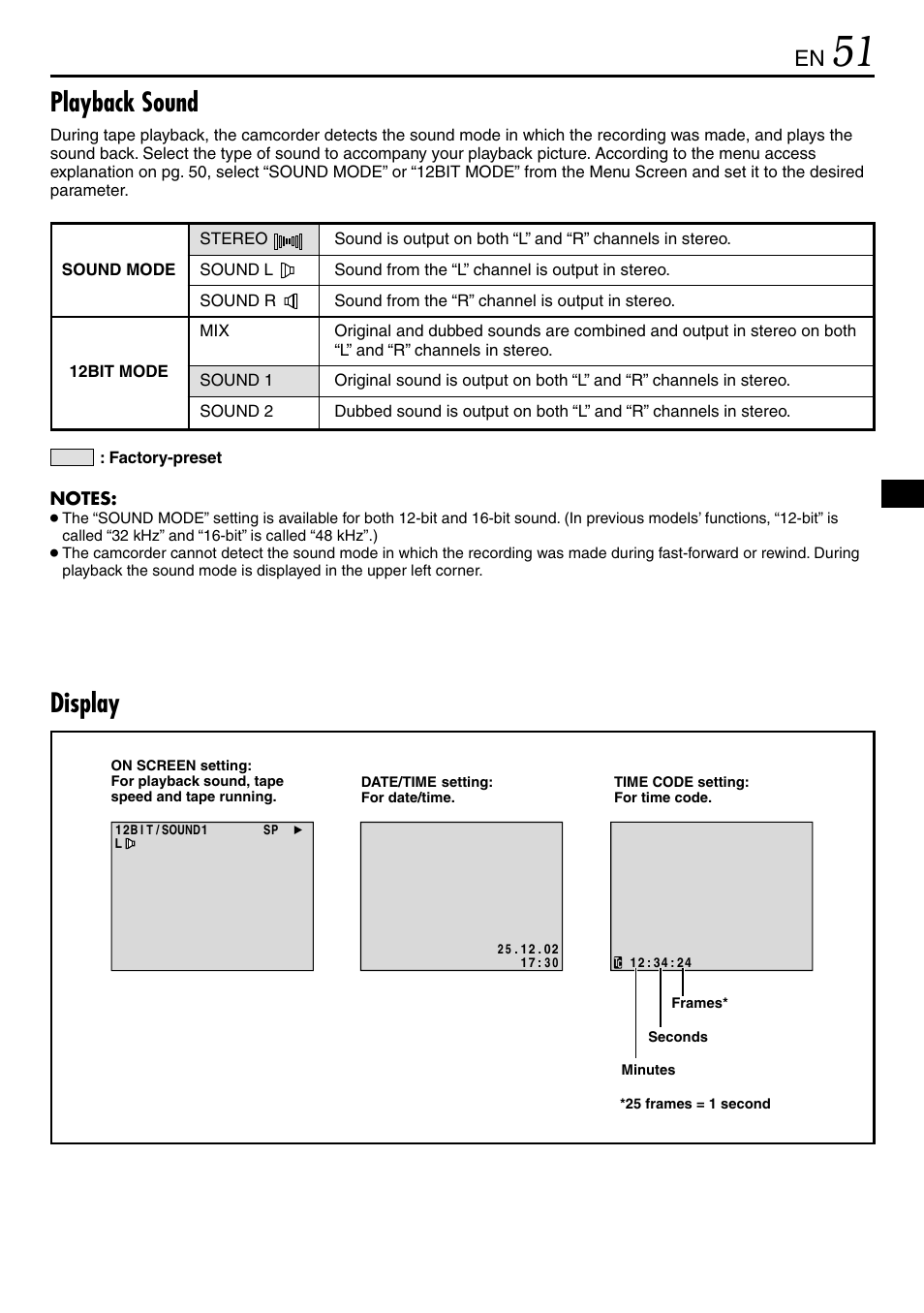 Playback sound, Display | JVC GR-DVL365 User Manual | Page 51 / 88