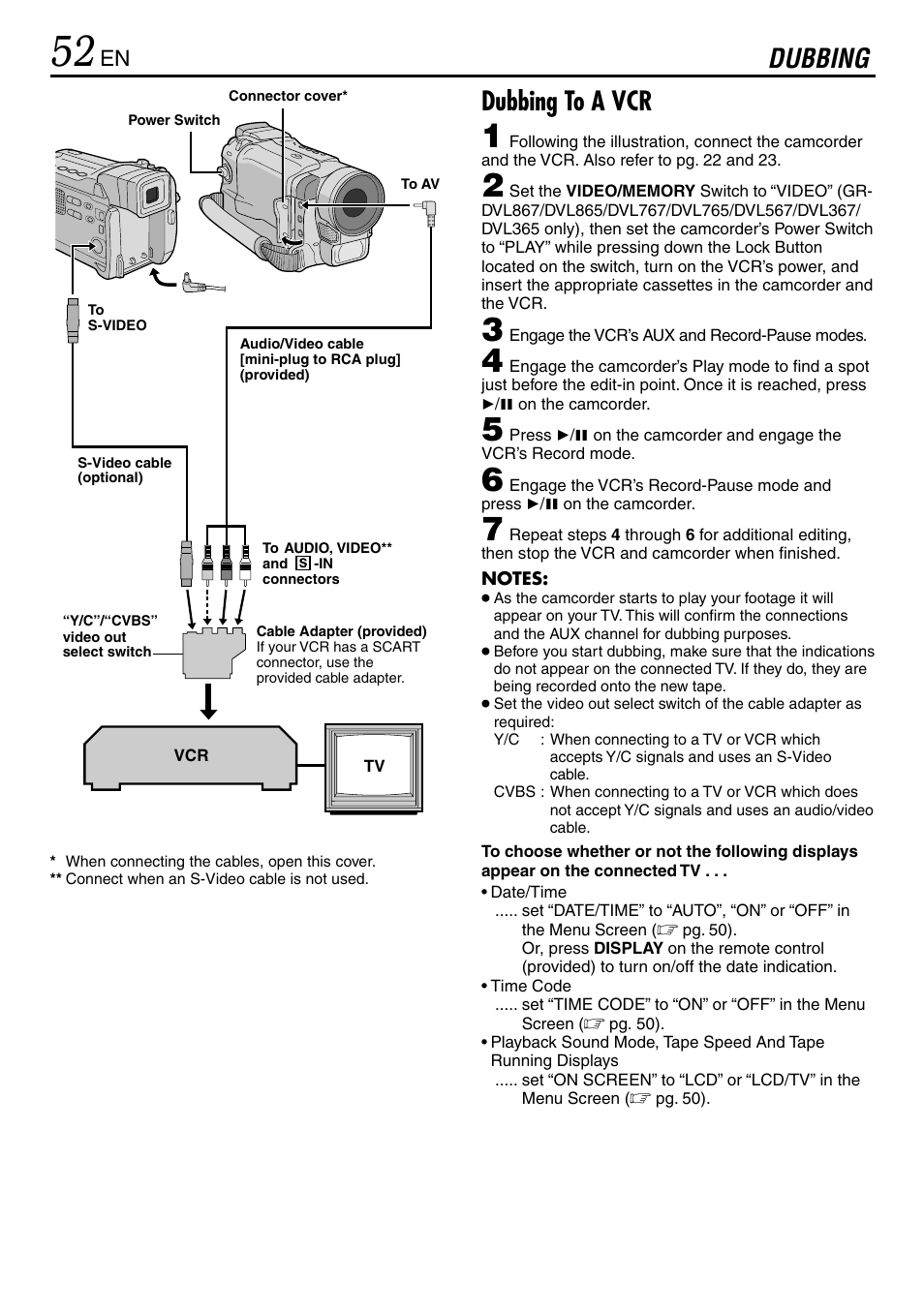 Dubbing, Dubbing dubbing to a vcr | JVC GR-DVL365 User Manual | Page 52 / 88