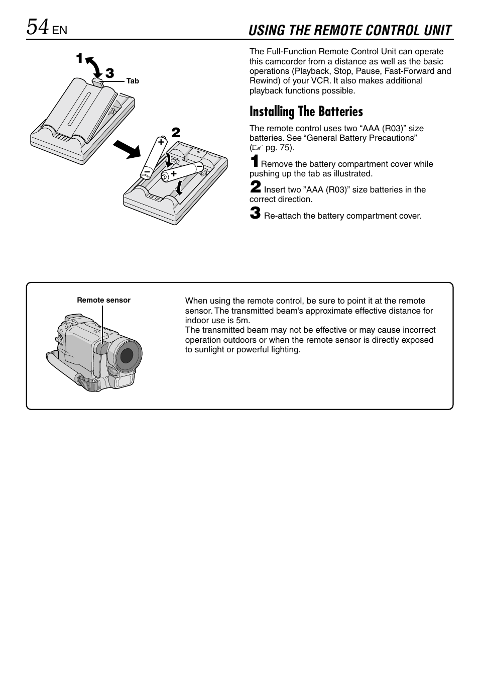 Using the remote control unit, 12 3 using the remote control unit, Installing the batteries | JVC GR-DVL365 User Manual | Page 54 / 88