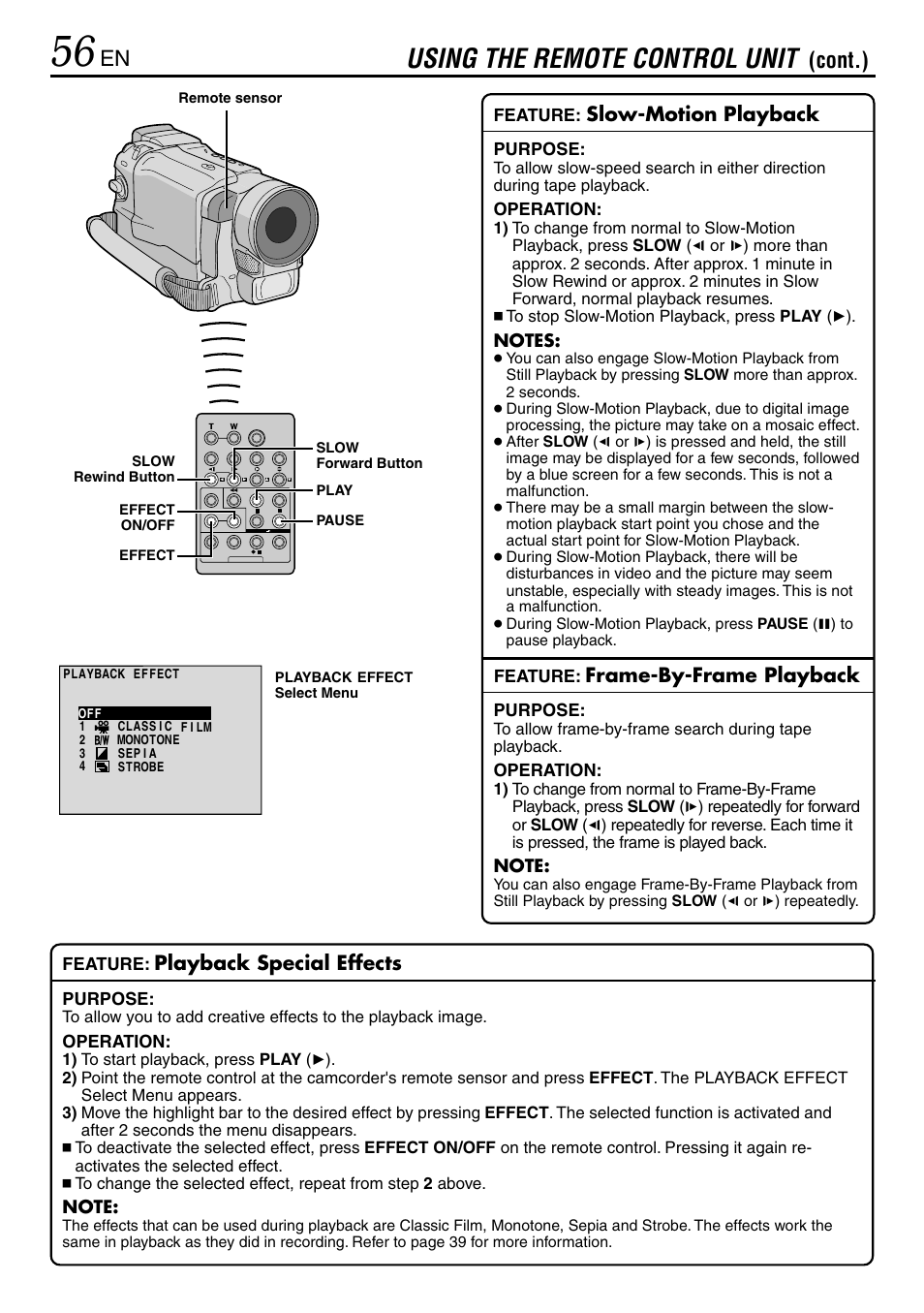 Using the remote control unit, Cont.), Slow-motion playback | Frame-by-frame playback, Playback special effects | JVC GR-DVL365 User Manual | Page 56 / 88