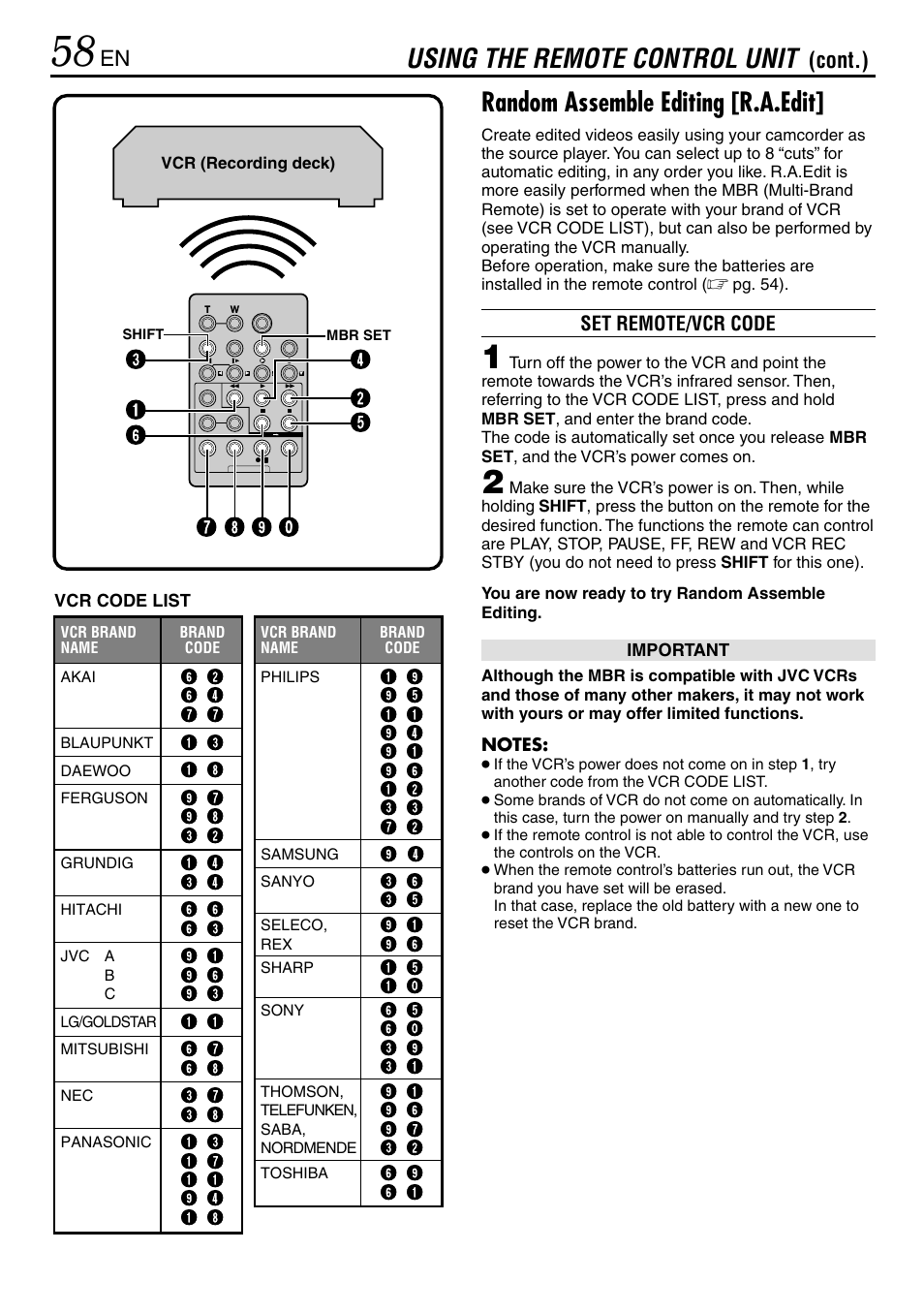 Random assemble editing [r.a.edit, Using the remote control unit, Cont.) | JVC GR-DVL365 User Manual | Page 58 / 88