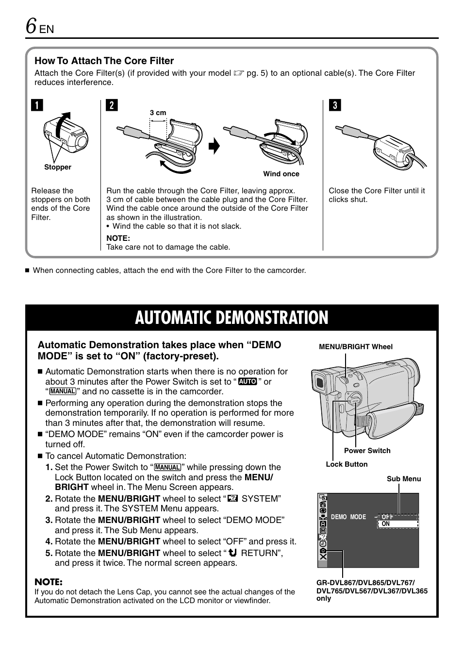 Automatic demonstration | JVC GR-DVL365 User Manual | Page 6 / 88