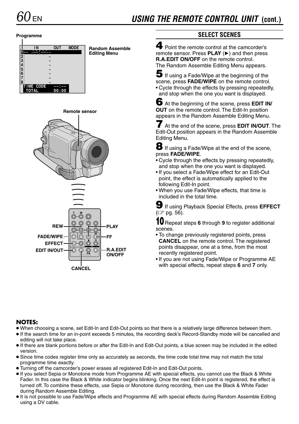 Using the remote control unit, Cont.) | JVC GR-DVL365 User Manual | Page 60 / 88