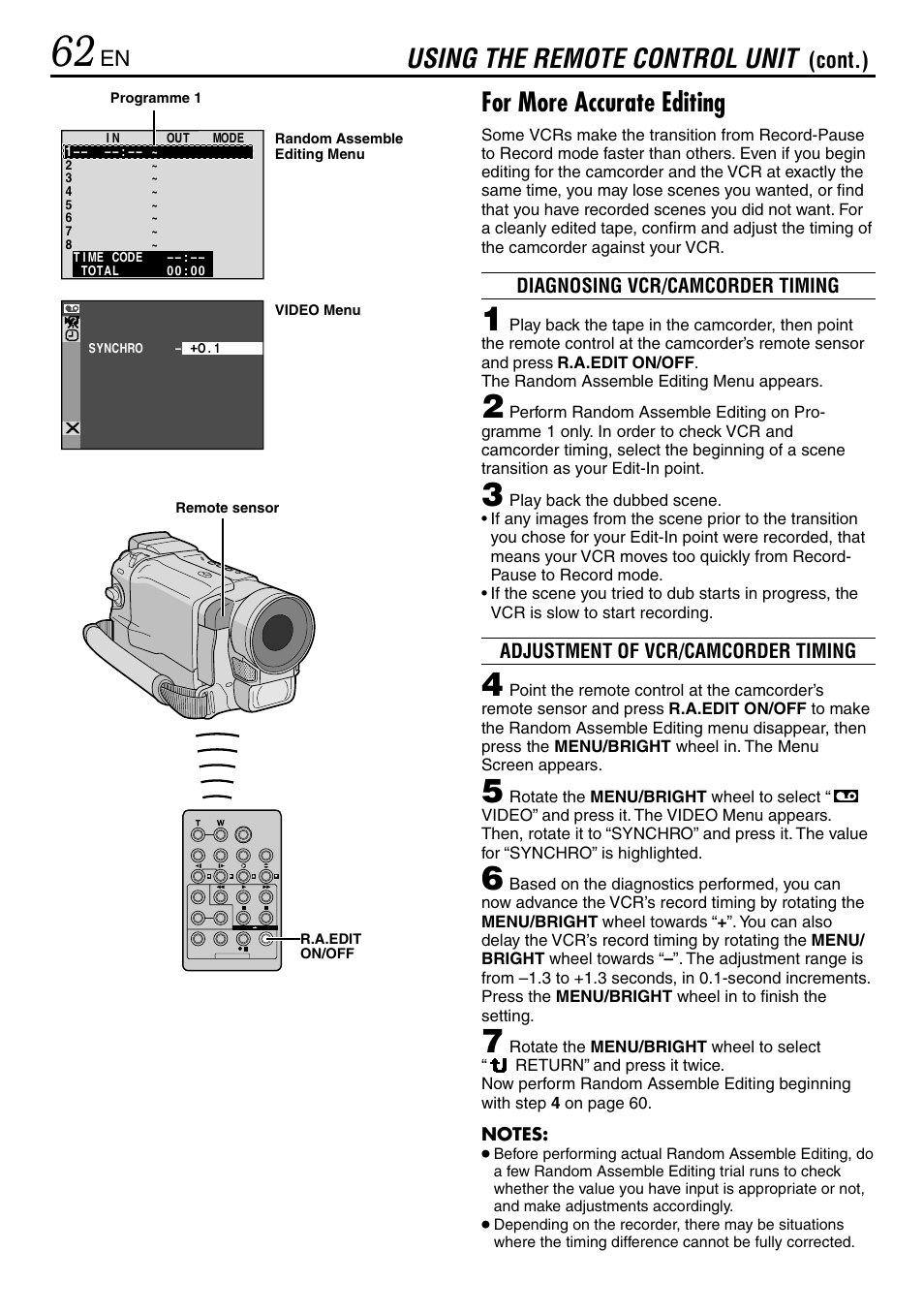 For more accurate editing, Using the remote control unit, Cont.) | JVC GR-DVL365 User Manual | Page 62 / 88