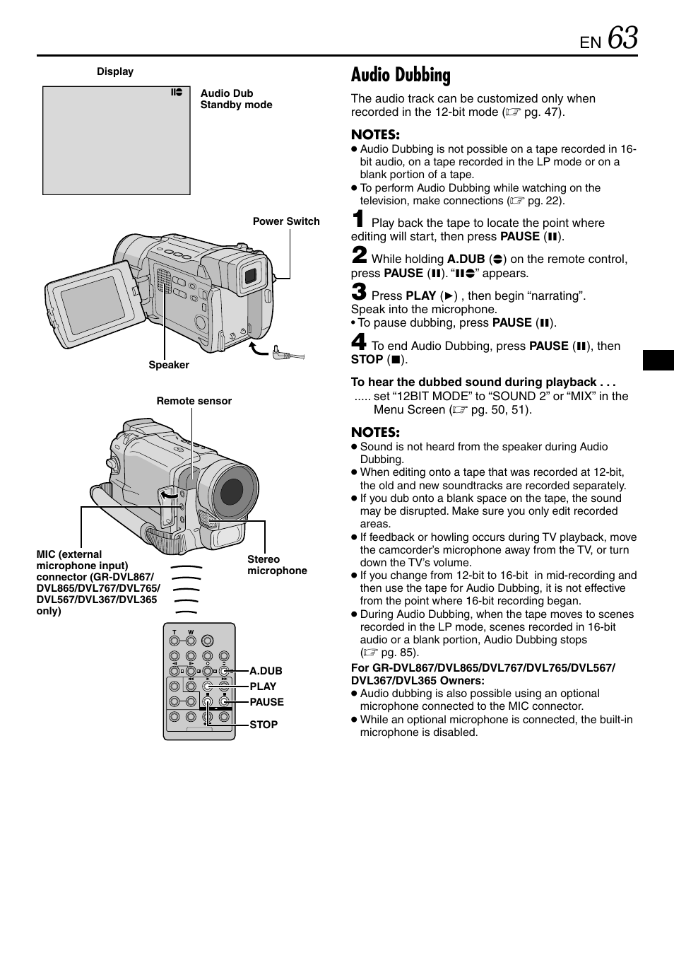 Audio dubbing | JVC GR-DVL365 User Manual | Page 63 / 88