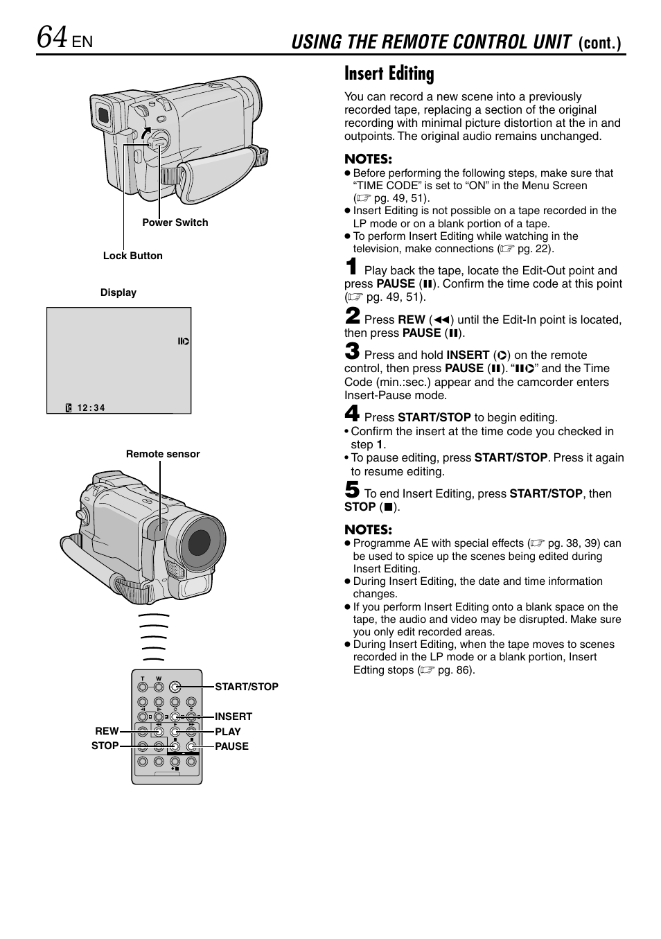 Using the remote control unit, Insert editing, Cont.) | JVC GR-DVL365 User Manual | Page 64 / 88