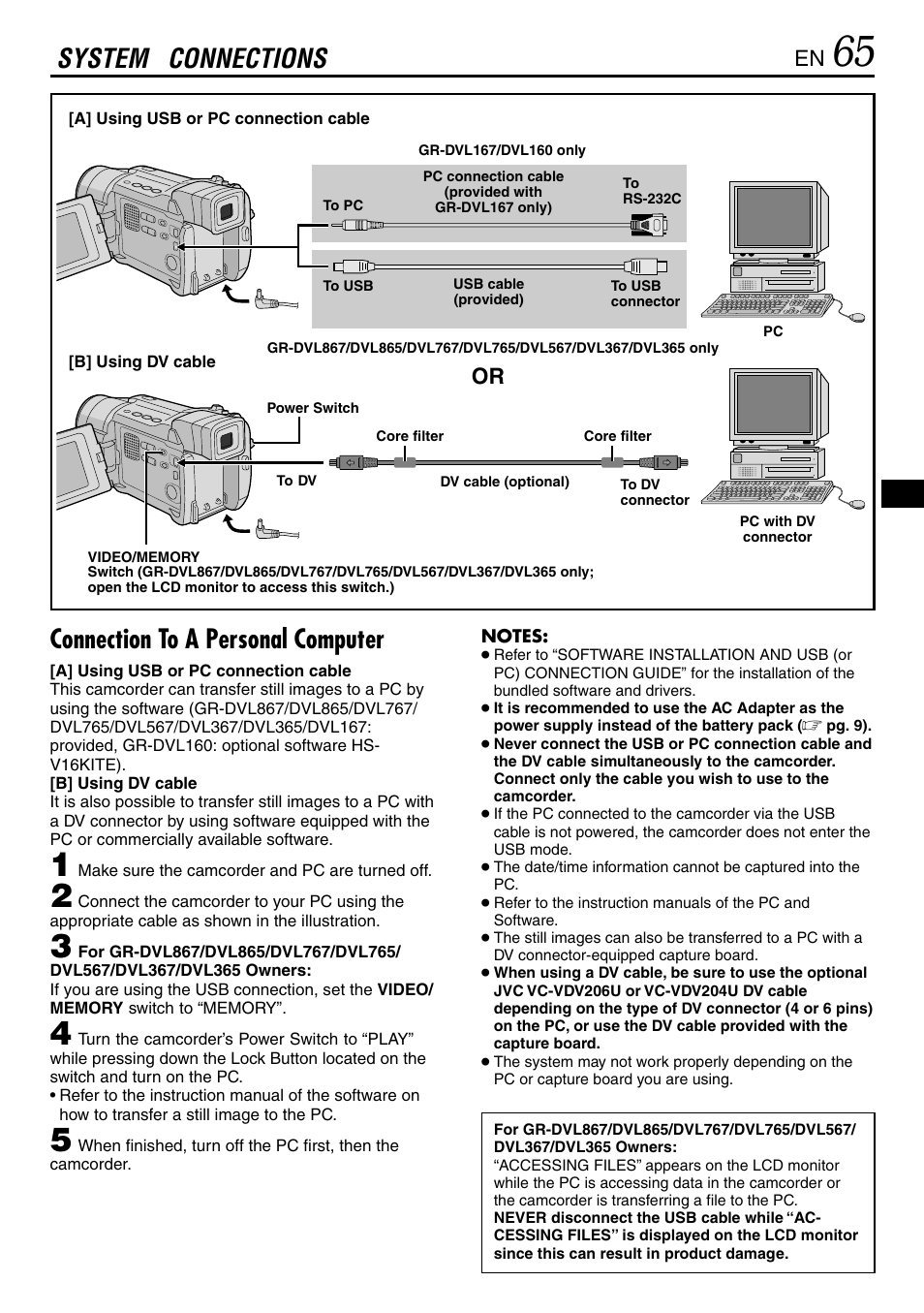 System connections, Connection to a personal computer | JVC GR-DVL365 User Manual | Page 65 / 88