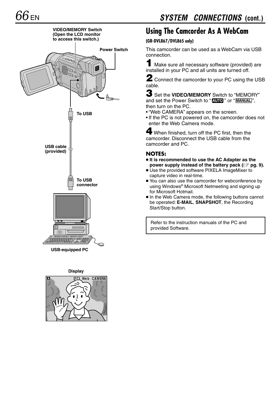 Using the camcorder as a webcam, System connections, Cont.) | JVC GR-DVL365 User Manual | Page 66 / 88