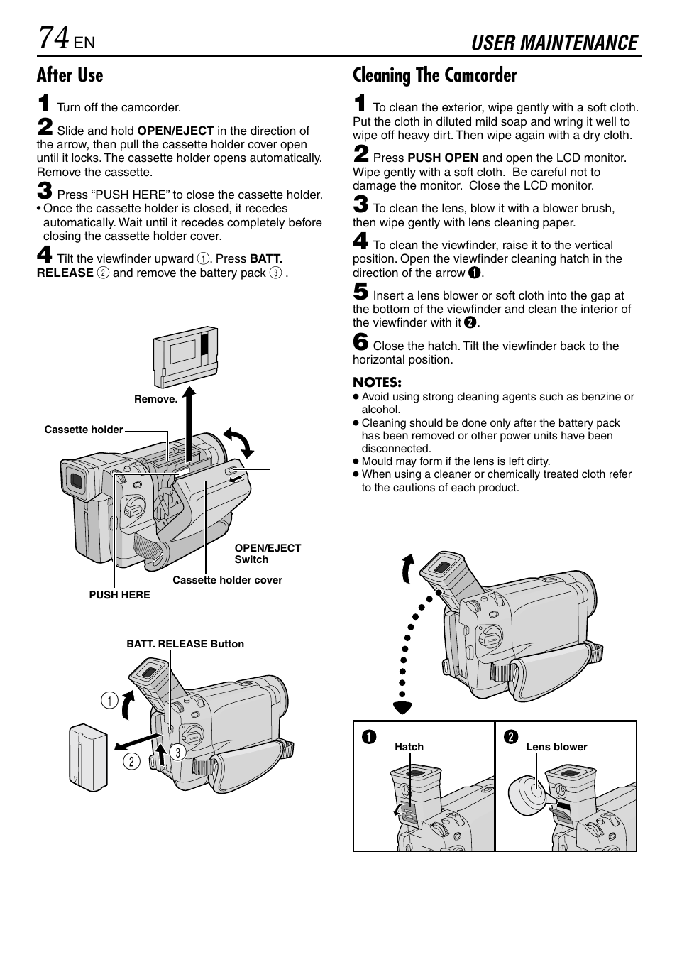 User maintenance, Cleaning the camcorder, After use | JVC GR-DVL365 User Manual | Page 74 / 88