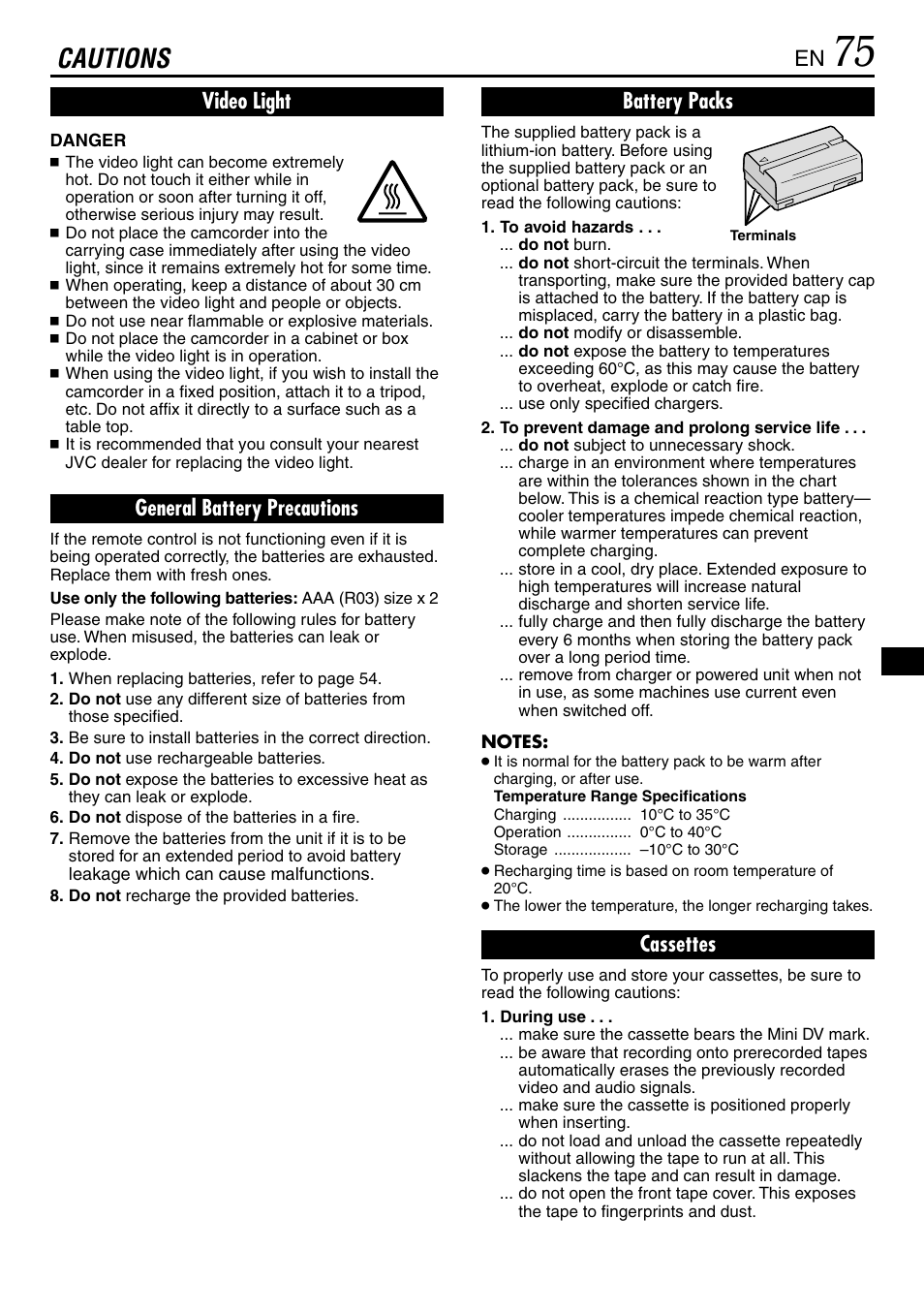 Cautions, Video light, General battery precautions | Battery packs, Cassettes | JVC GR-DVL365 User Manual | Page 75 / 88