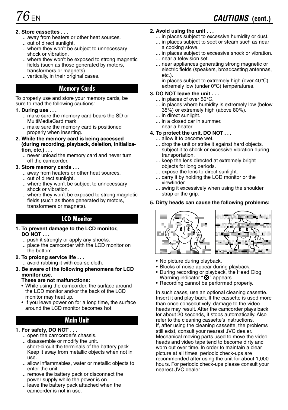 Cautions, Lcd monitor, Main unit | Cont.) | JVC GR-DVL365 User Manual | Page 76 / 88