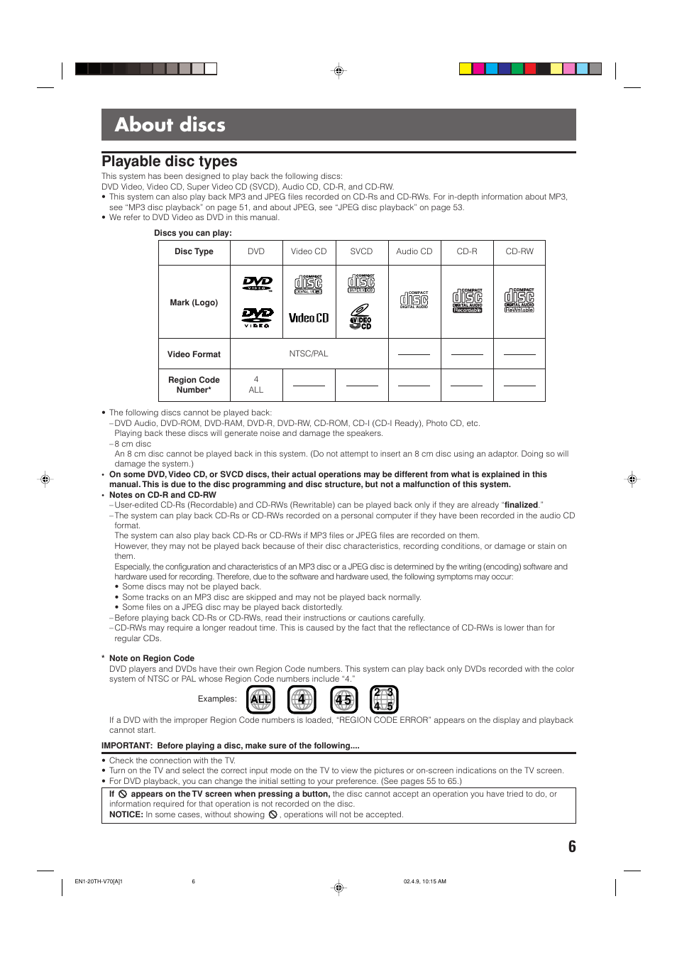 About discs, Playable disc types | JVC SP-XSV70 User Manual | Page 10 / 82
