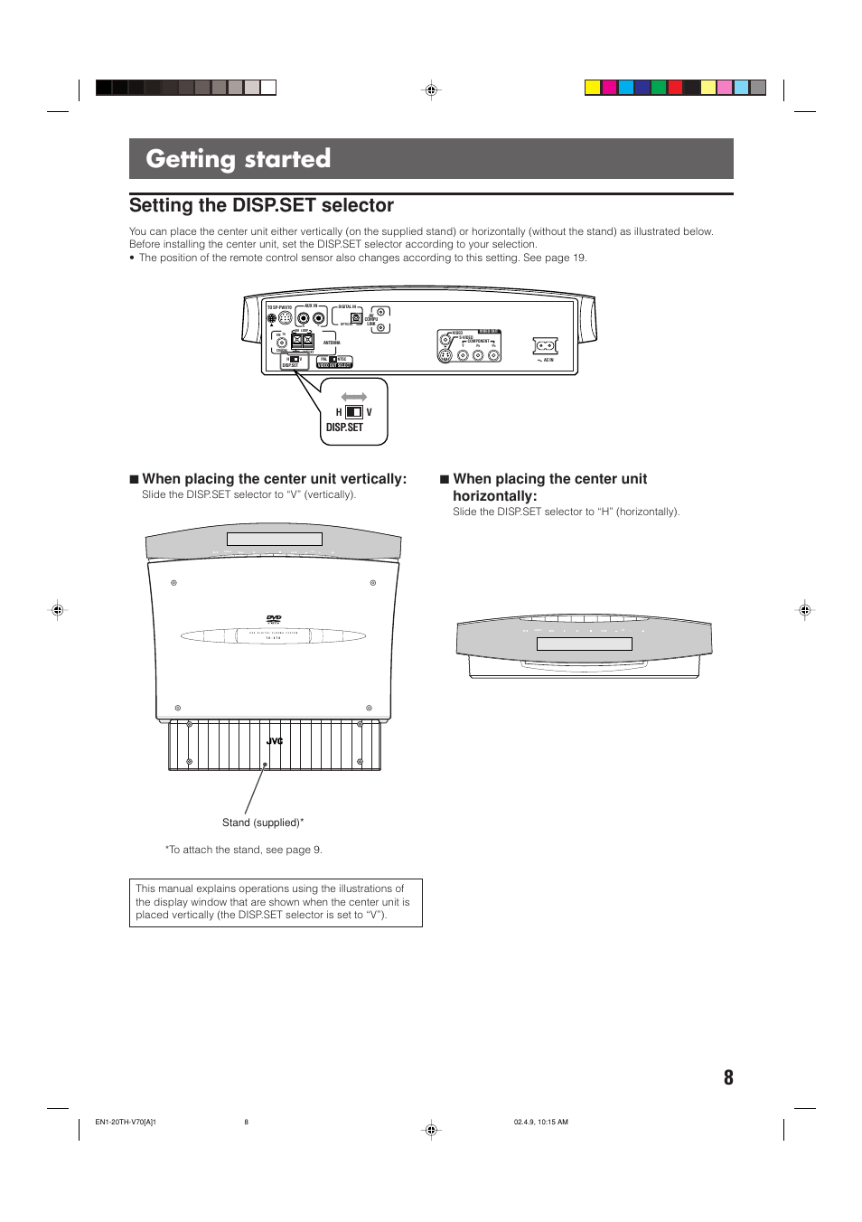 Getting started, Setting the disp.set selector, 7when placing the center unit vertically | 7when placing the center unit horizontally, Disp.set | JVC SP-XSV70 User Manual | Page 12 / 82