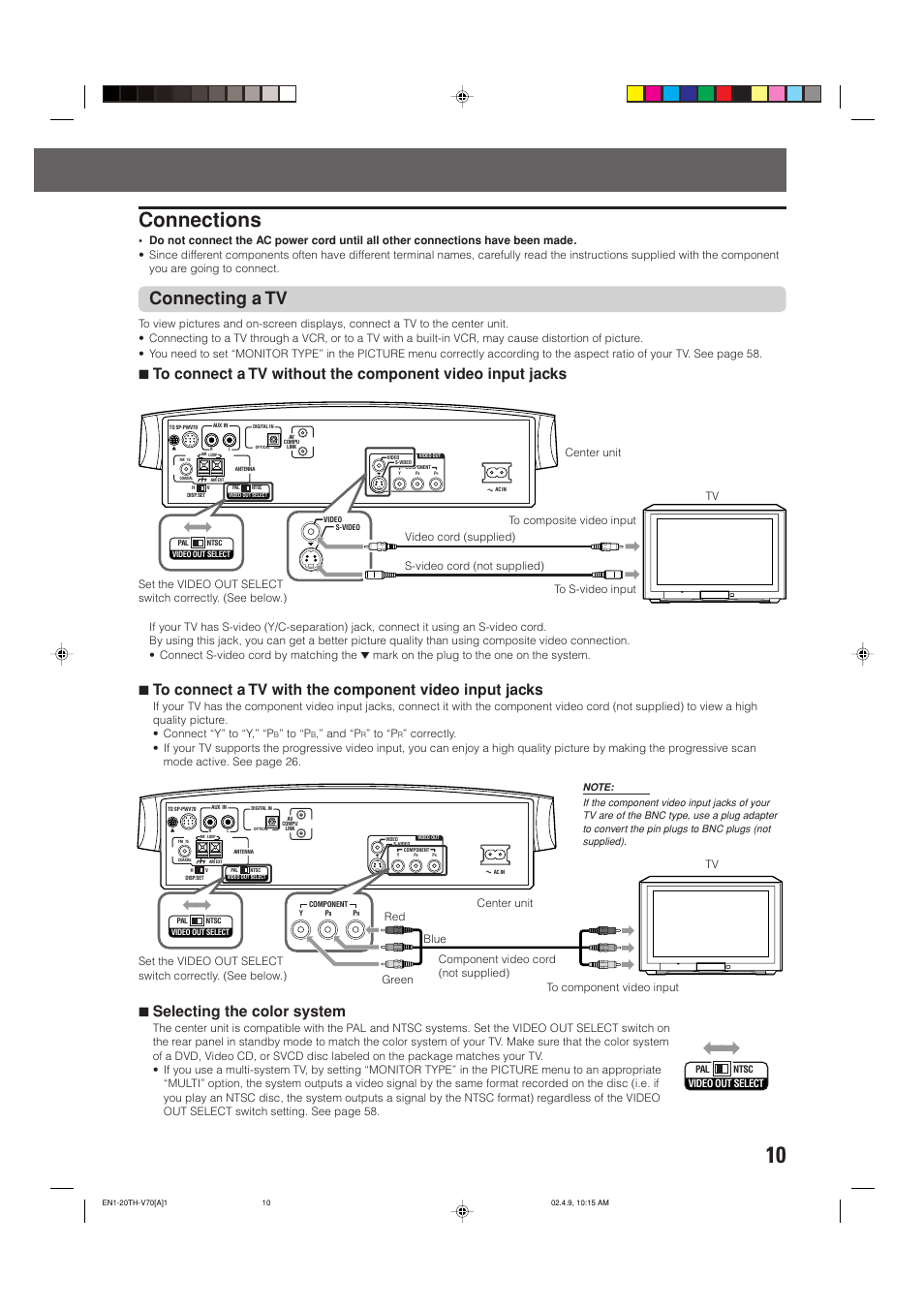 Connections, Connecting a tv, 7selecting the color system | And “p | JVC SP-XSV70 User Manual | Page 14 / 82