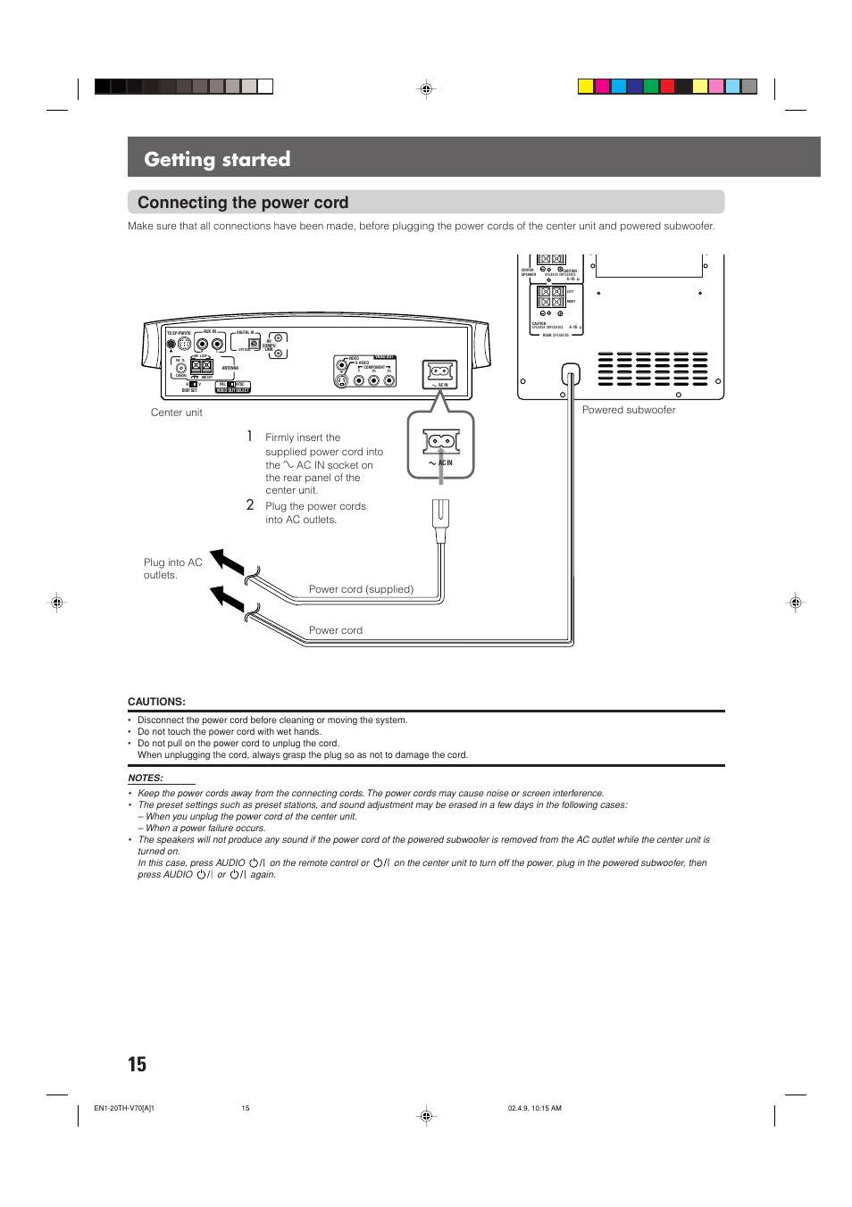 Getting started, Connecting the power cord | JVC SP-XSV70 User Manual | Page 19 / 82