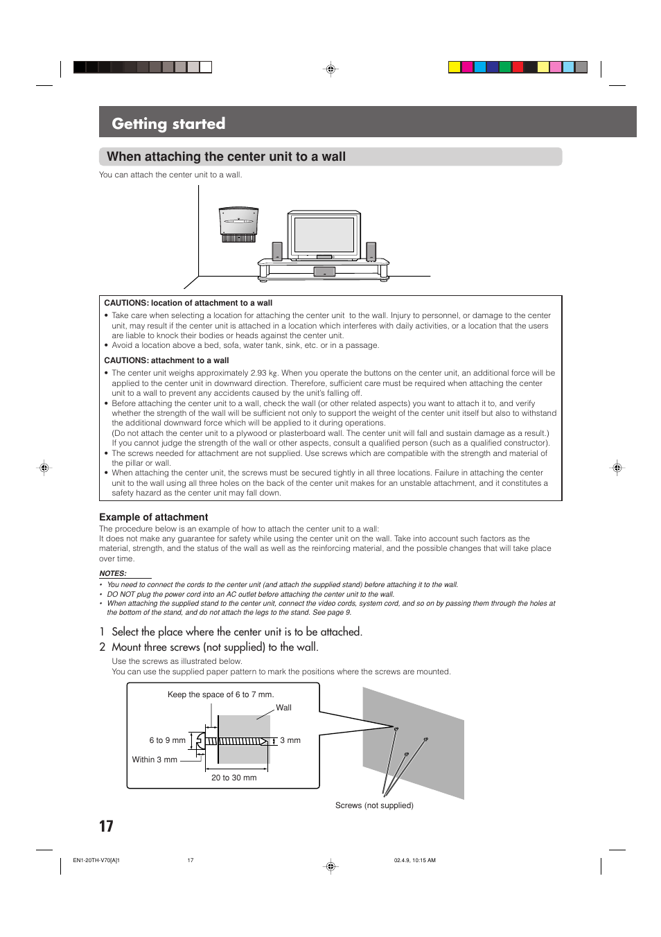 Getting started, When attaching the center unit to a wall | JVC SP-XSV70 User Manual | Page 21 / 82