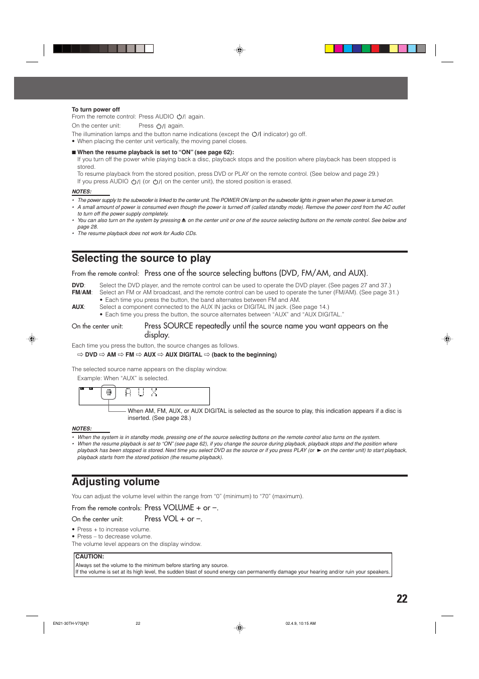 Selecting the source to play, Adjusting volume, Press volume + or | Press vol + or | JVC SP-XSV70 User Manual | Page 26 / 82