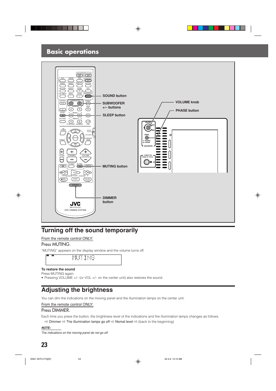 Turning off the sound temporarily, Adjusting the brightness, Basic operations | Press muting, Press dimmer, Volume knob phase button sleep button | JVC SP-XSV70 User Manual | Page 27 / 82