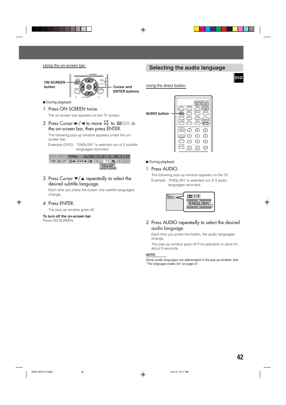 Selecting the audio language, 1 press on screen twice, 4 press enter | 1 press audio, Using the on-screen bar, Using the direct button, English | JVC SP-XSV70 User Manual | Page 46 / 82