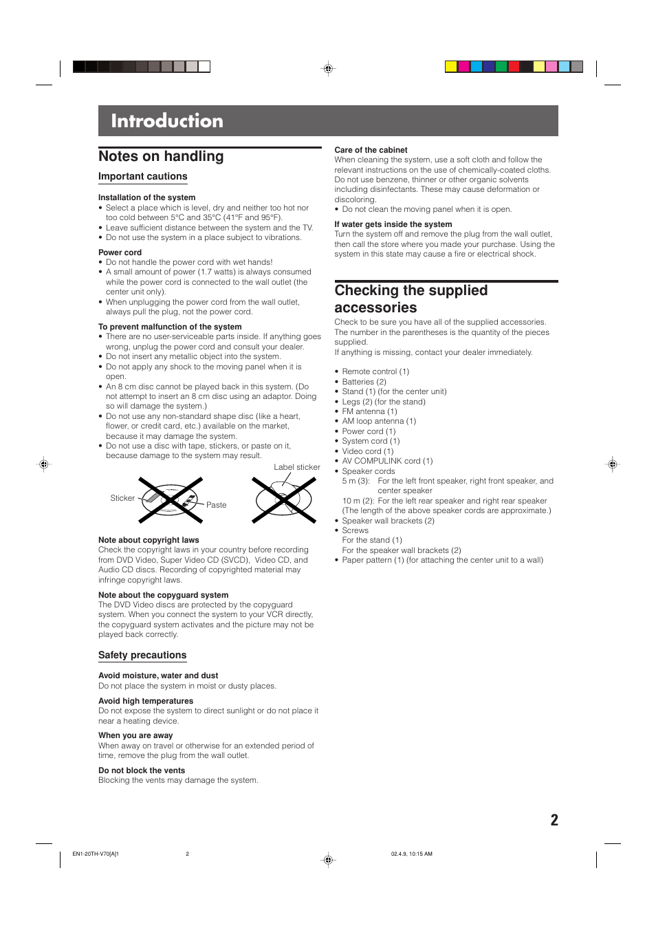 Introduction, Checking the supplied accessories | JVC SP-XSV70 User Manual | Page 6 / 82