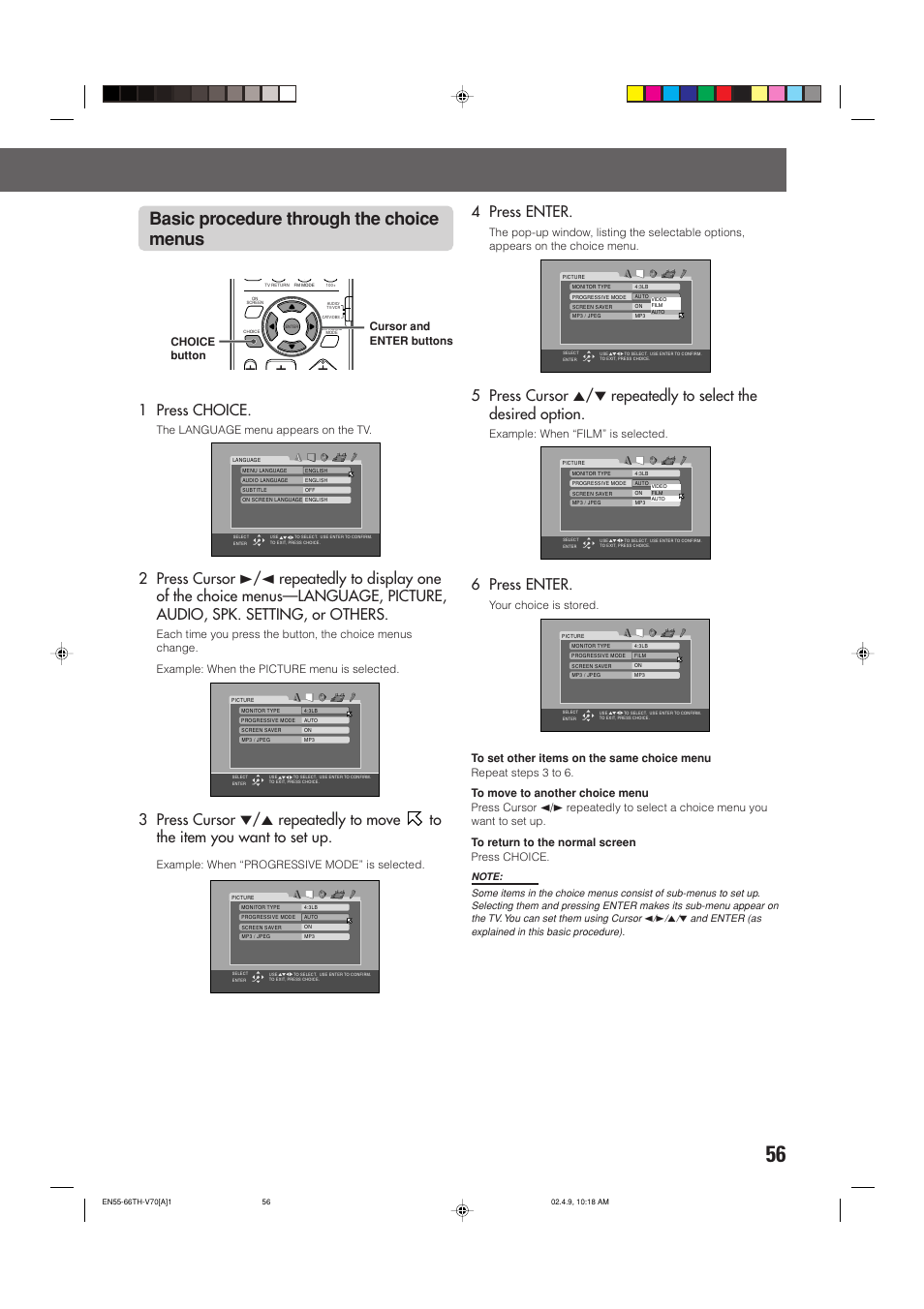 Basic procedure through the choice menus, 1 press choice, 4 press enter | 6 press enter, The language menu appears on the tv, Example: when “progressive mode” is selected, Example: when “film” is selected, Choice button cursor and enter buttons | JVC SP-XSV70 User Manual | Page 60 / 82