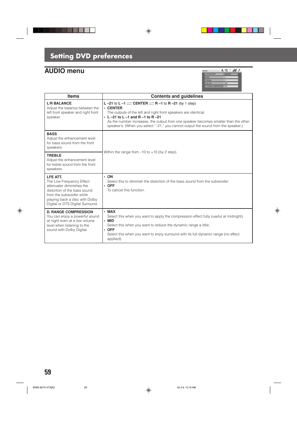 Setting dvd preferences, Audio menu, Items | Contents and guidelines | JVC SP-XSV70 User Manual | Page 63 / 82