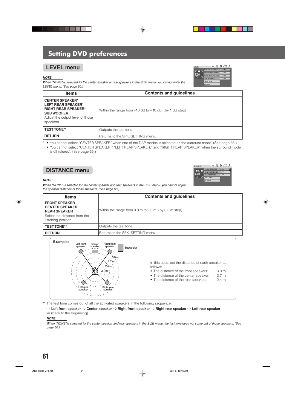 Setting dvd preferences, Distance menu, Level menu | Items, Contents and guidelines | JVC SP-XSV70 User Manual | Page 65 / 82