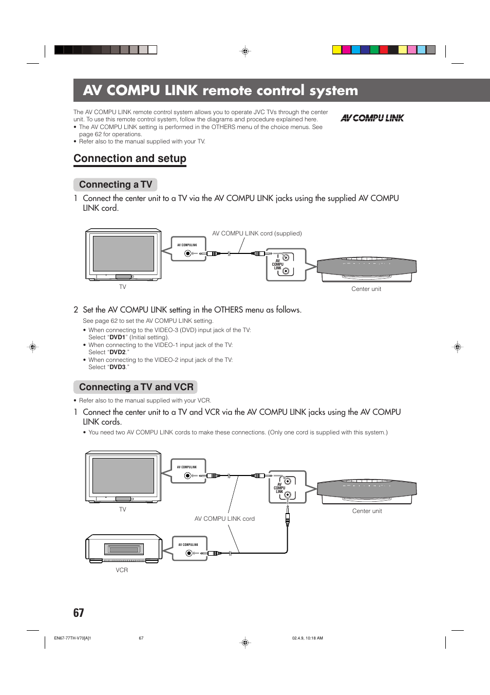 Av compu link remote control system, Connection and setup, Connecting a tv | Connecting a tv and vcr | JVC SP-XSV70 User Manual | Page 71 / 82