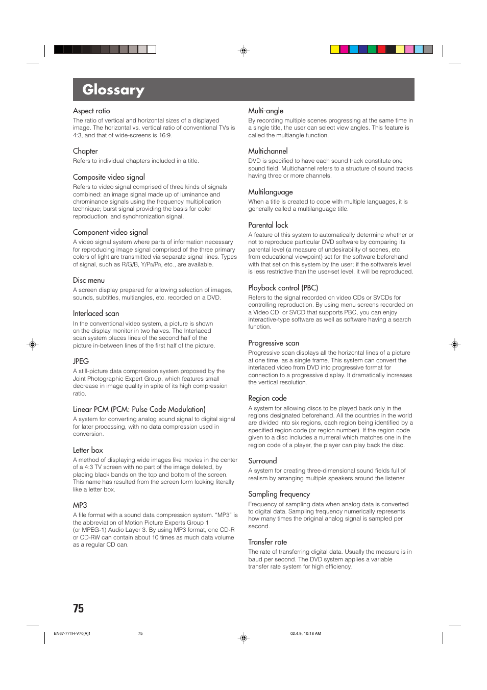 Glossary | JVC SP-XSV70 User Manual | Page 79 / 82