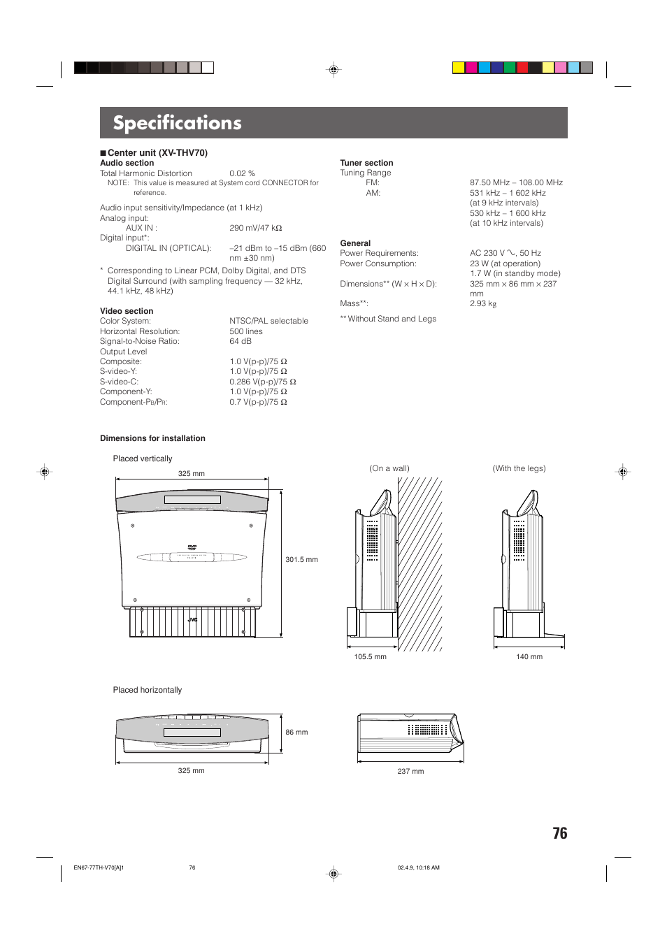 Specifications | JVC SP-XSV70 User Manual | Page 80 / 82