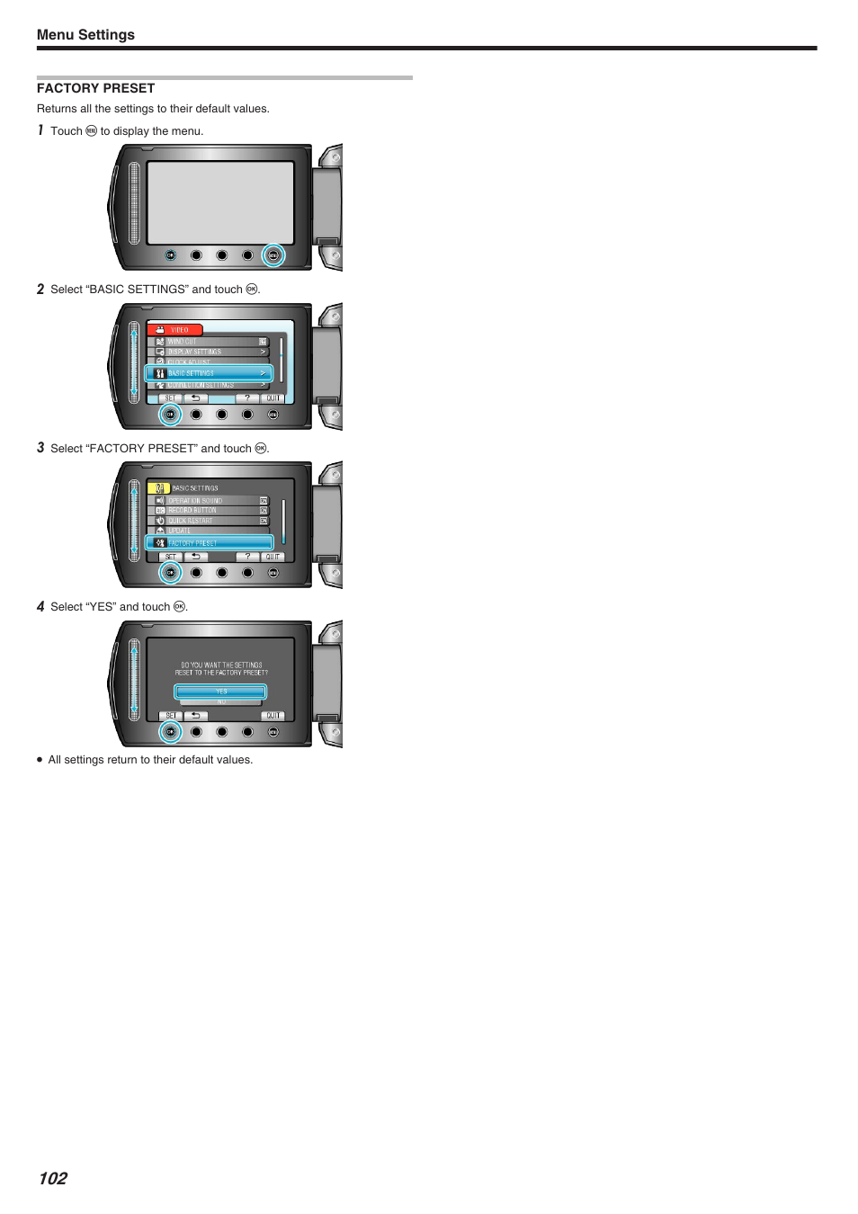 Factory preset, Factory preset" （a p.102 | JVC Everio GZ-HM340 User Manual | Page 102 / 122