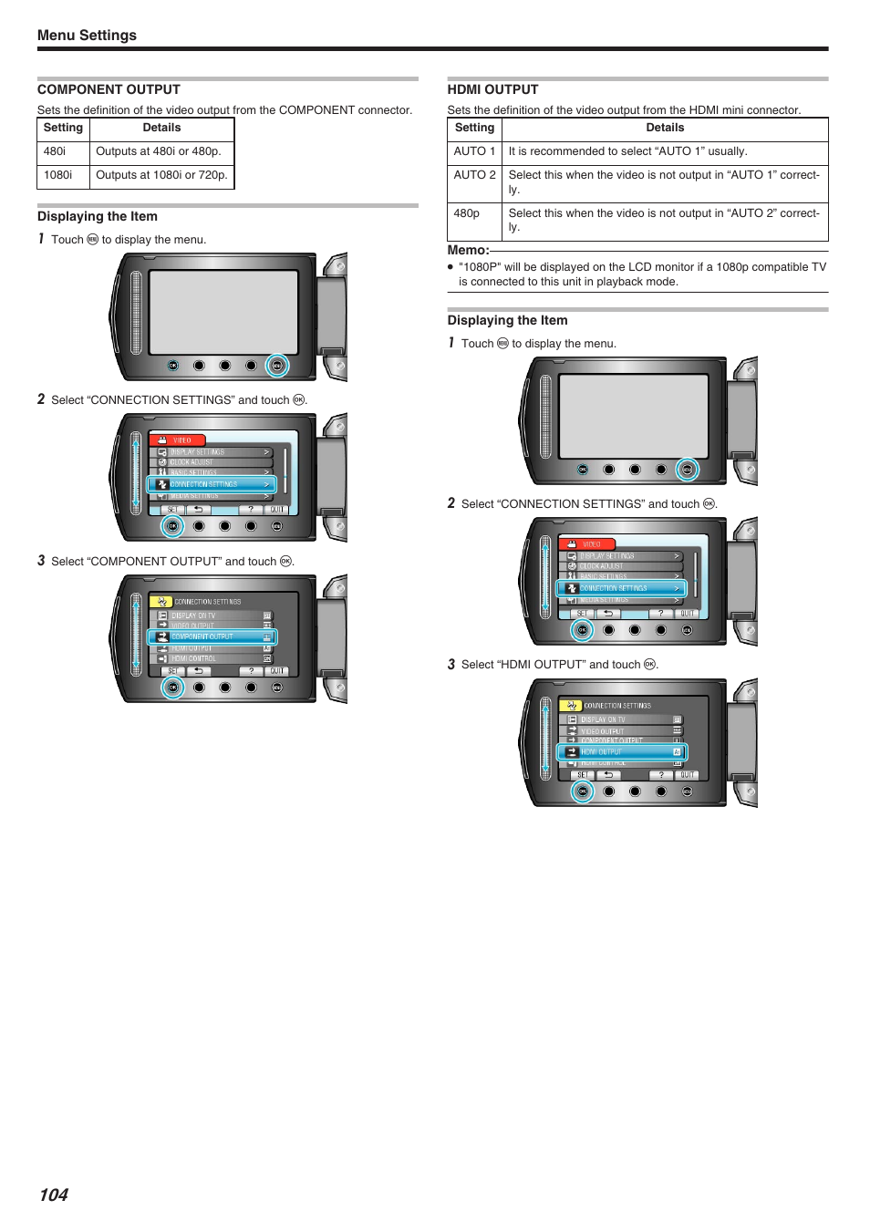 Component output, Hdmi output, Component output hdmi output | Hdmi output" （a p.104, Component output" （a p.104 | JVC Everio GZ-HM340 User Manual | Page 104 / 122