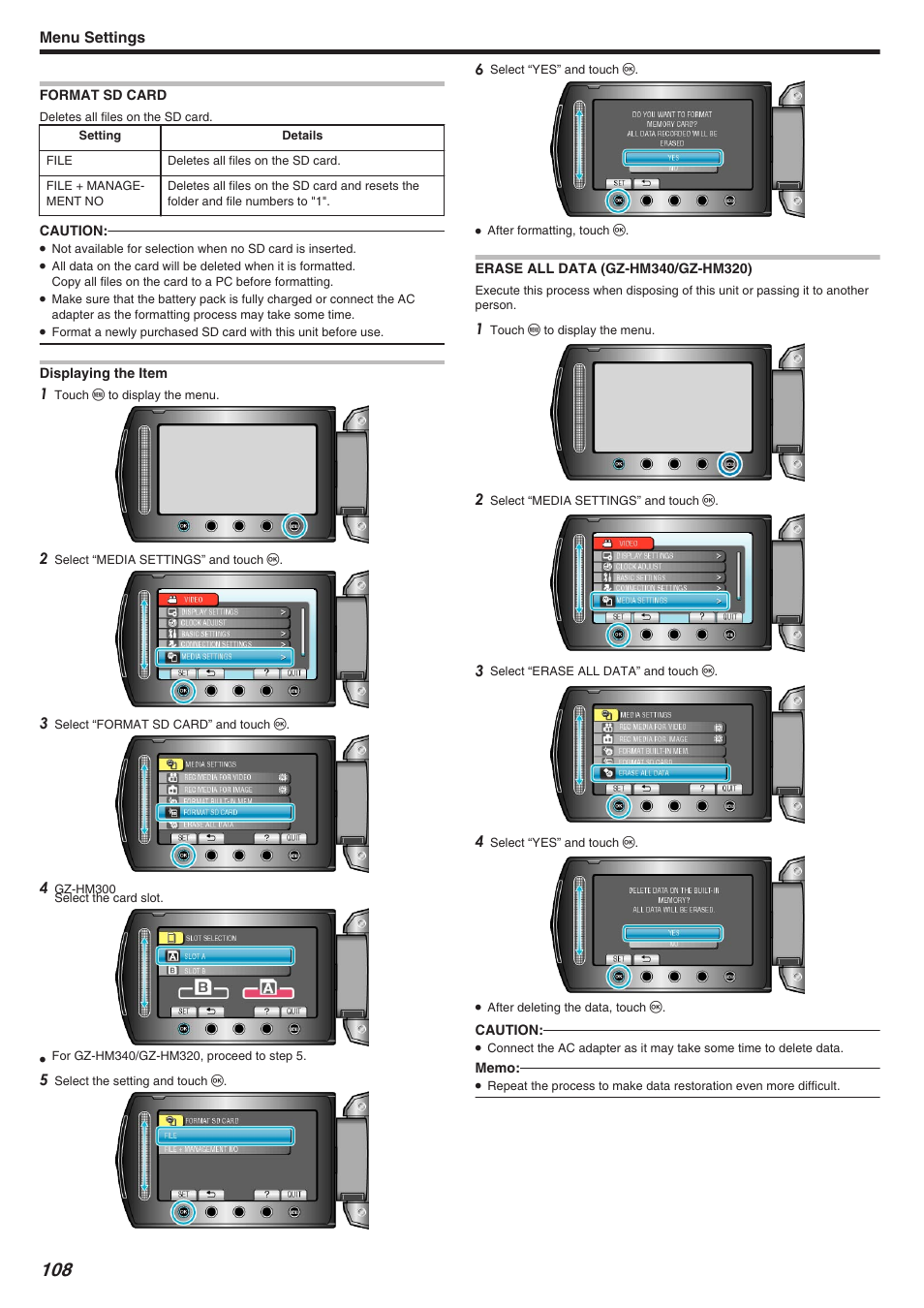 Format sd card, Erase all data (gz-hm340/gz-hm320), Format sd card erase all data (gz-hm340/gz-hm320) | Format sd card" （a p.108, Erase all data (gz-hm340/gz-hm320)" （a p.108, Menu settings | JVC Everio GZ-HM340 User Manual | Page 108 / 122