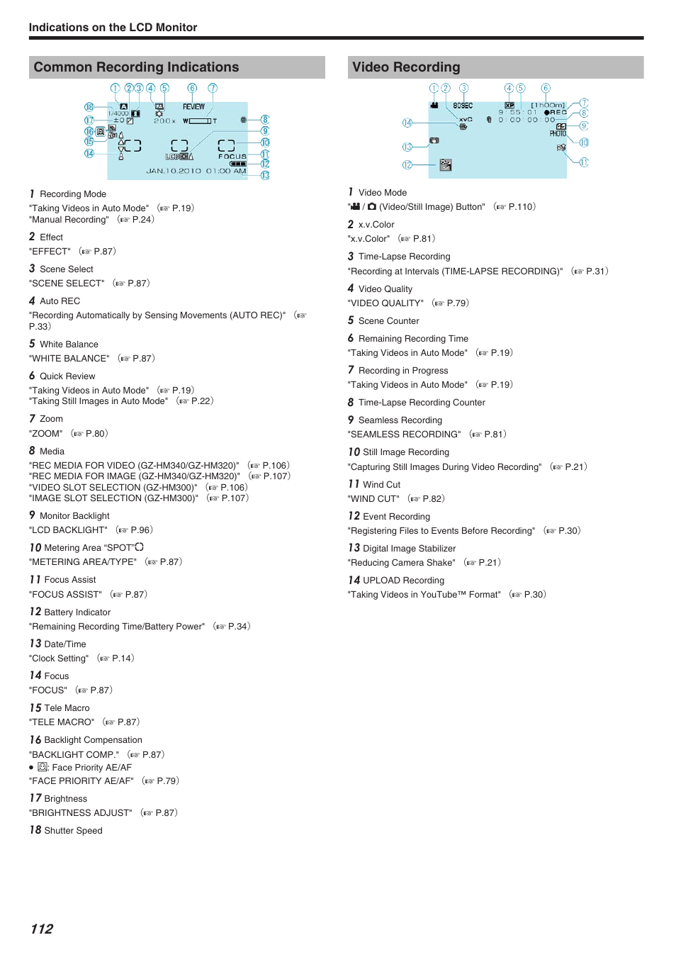 Indications on the lcd monitor, Common recording indications, Video recording | Common recording indications video recording | JVC Everio GZ-HM340 User Manual | Page 112 / 122