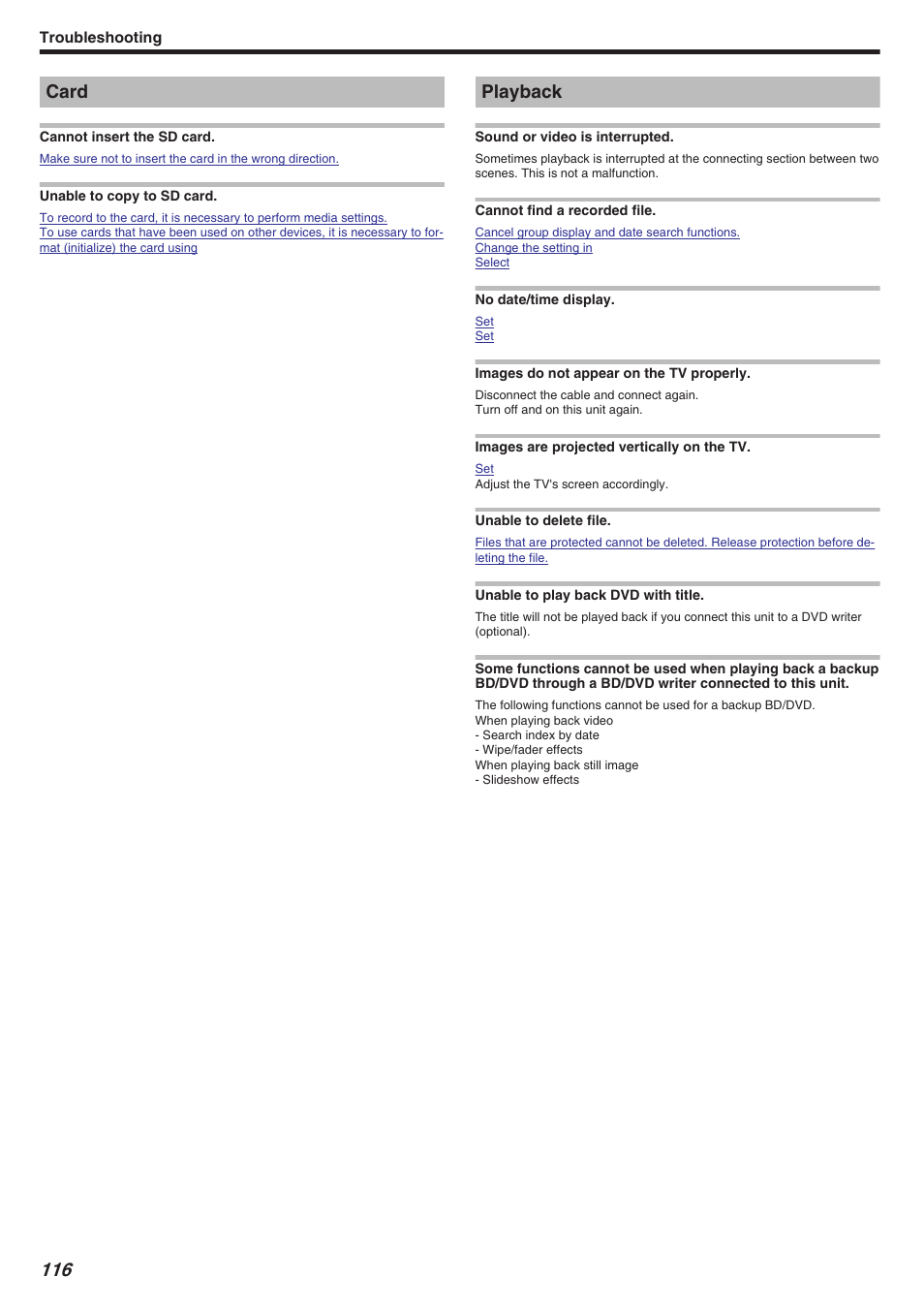 Card, Cannot insert the sd card, Unable to copy to sd card | Playback, Sound or video is interrupted, Cannot find a recorded file, No date/time display, Images do not appear on the tv properly, Images are projected vertically on the tv, Unable to delete file | JVC Everio GZ-HM340 User Manual | Page 116 / 122