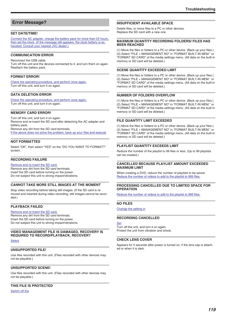 Error message, Set date/time, Communication error | Format error, Data deletion error, Memory card error, Not formatted, Recording failure, Cannot take more still images at the moment, Playback failed | JVC Everio GZ-HM340 User Manual | Page 119 / 122
