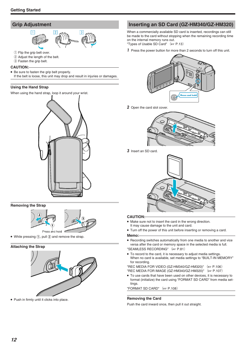 Grip adjustment, Using the hand strap, Inserting an sd card (gz-hm340/gz-hm320) | Getting started | JVC Everio GZ-HM340 User Manual | Page 12 / 122