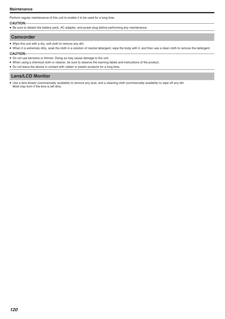 Maintenance, Camcorder, Lens/lcd monitor | JVC Everio GZ-HM340 User Manual | Page 120 / 122