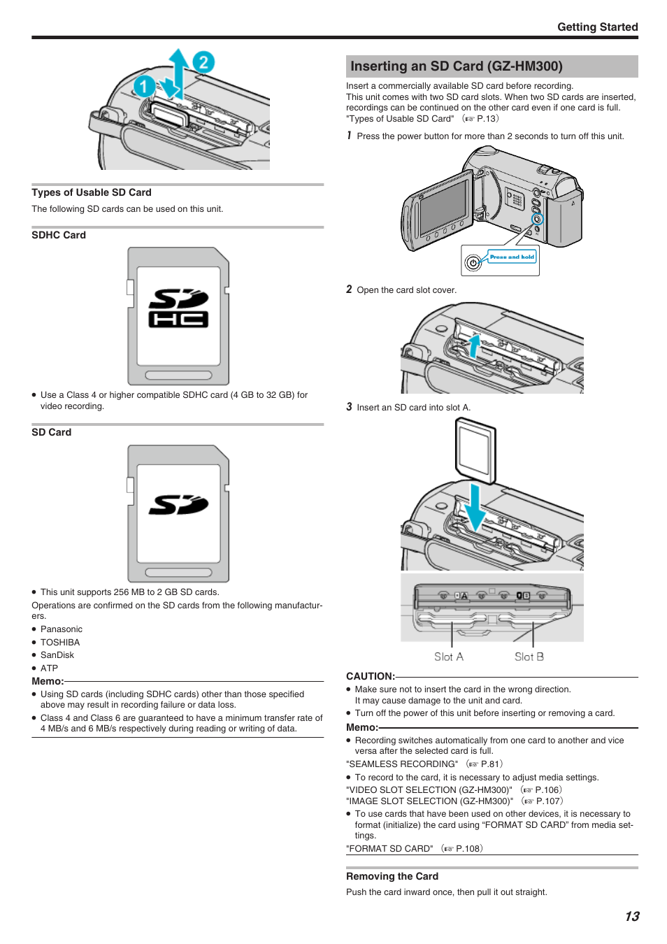 Types of usable sd card, Inserting an sd card (gz-hm300), Types of usable sd card" （a p.13 | Getting started | JVC Everio GZ-HM340 User Manual | Page 13 / 122