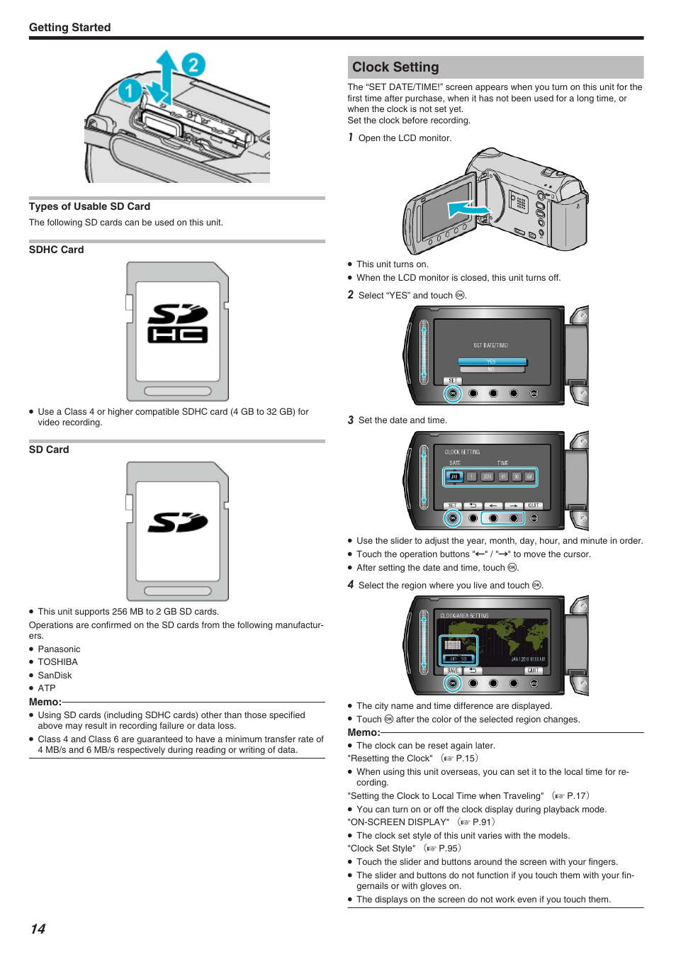 Types of usable sd card, Clock setting, Getting started | JVC Everio GZ-HM340 User Manual | Page 14 / 122